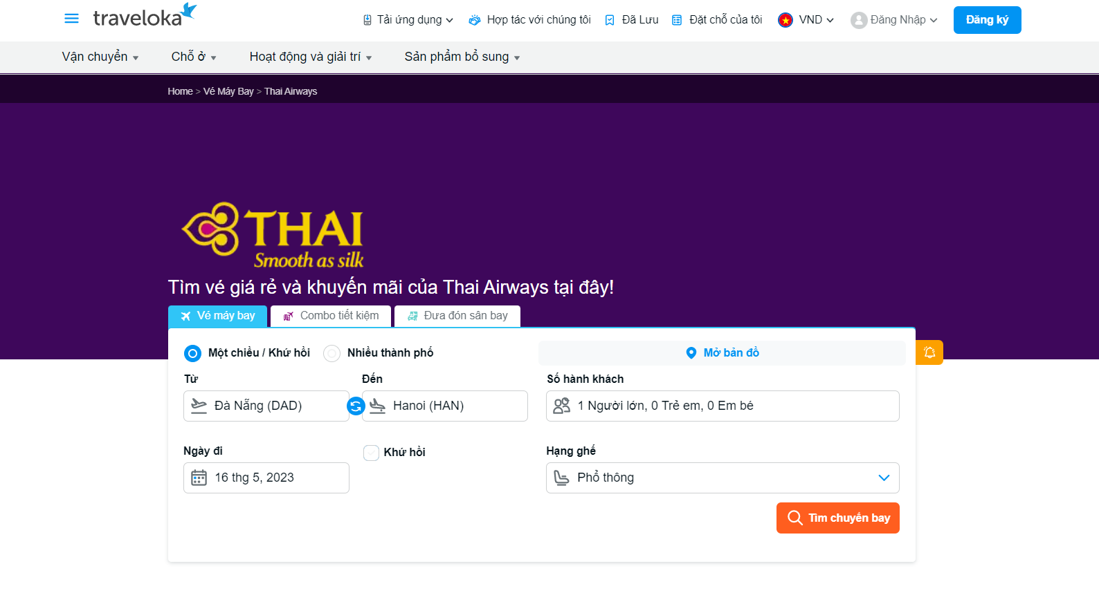 Giao diện đặt vé Thai Airways qua Traveloka | Ảnh: Traveloka